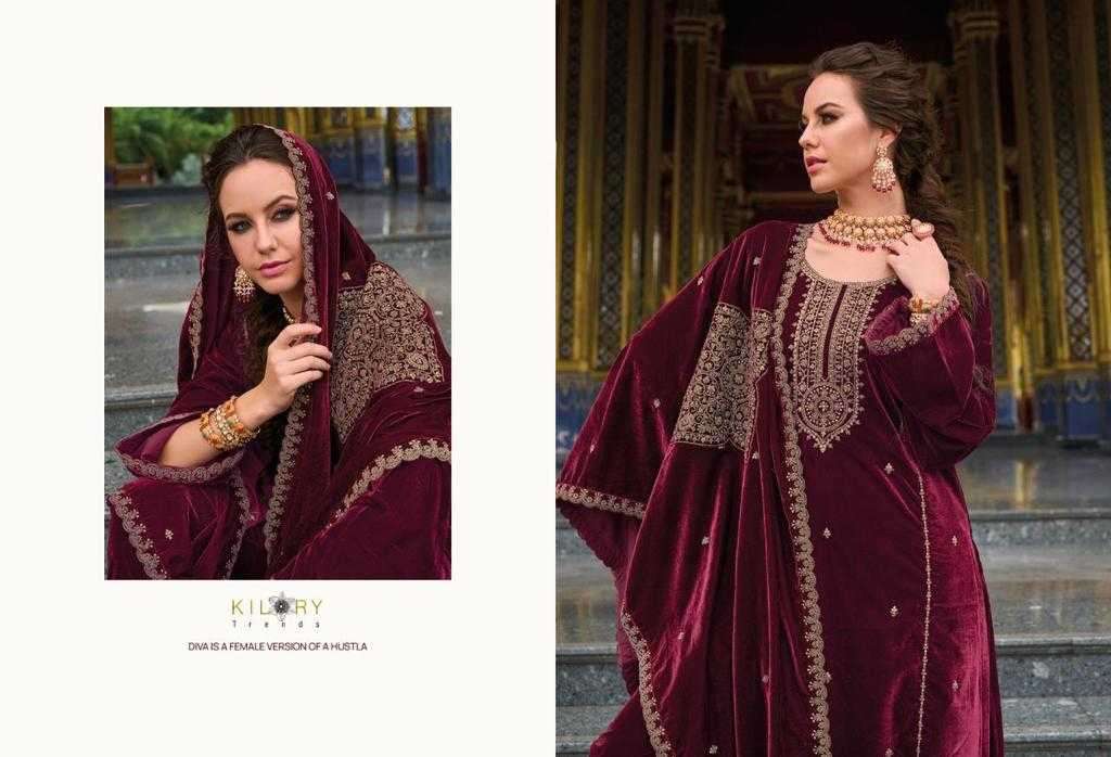 kilory trends gulbahaar series 561-566 pure velvet with fancy work suit