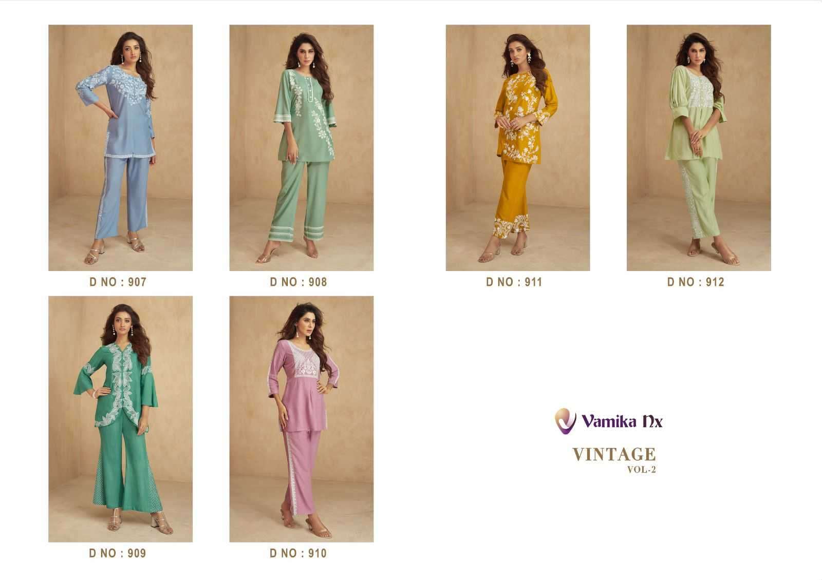 vamika nx vintage vol 2 series 907-912 heavy rayon co-ord sets