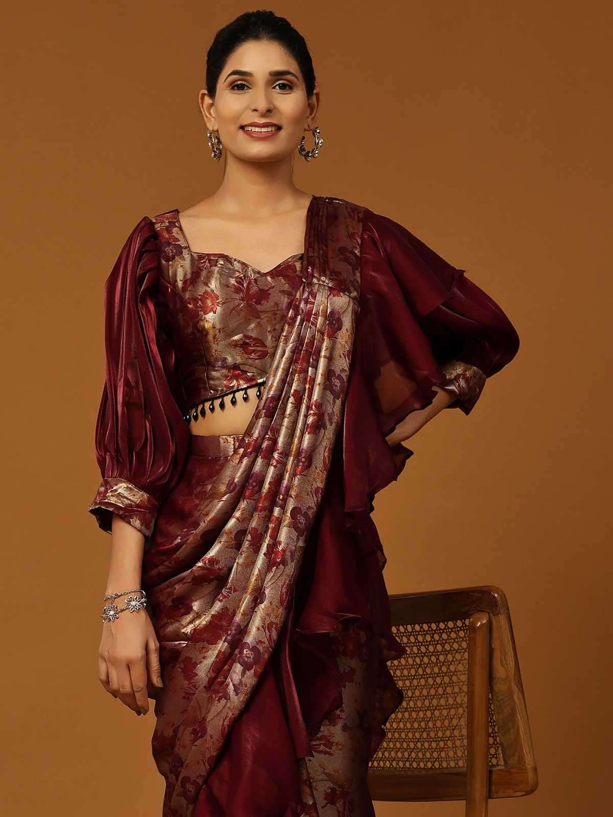 pr 101110 fancy ready to wear floral ruffle border saree with organza printed blouse