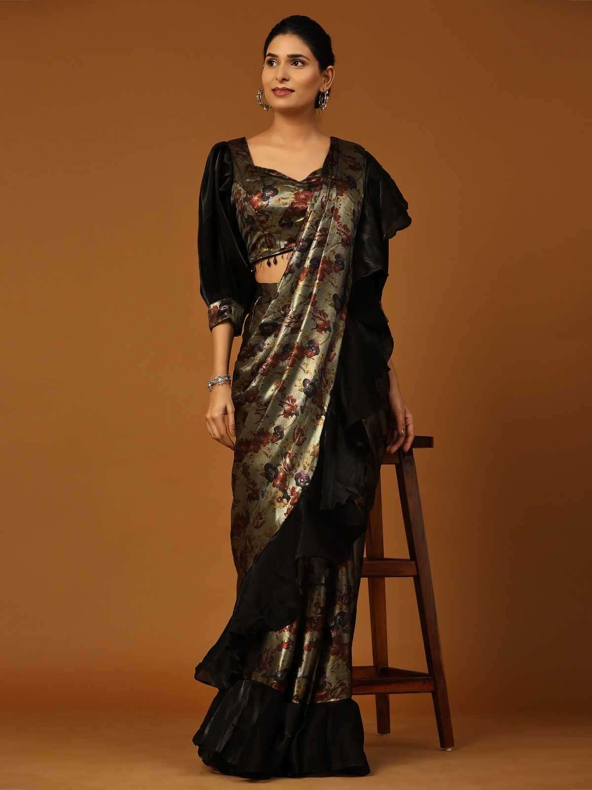 pr 101110 fancy ready to wear floral ruffle border saree with organza printed blouse