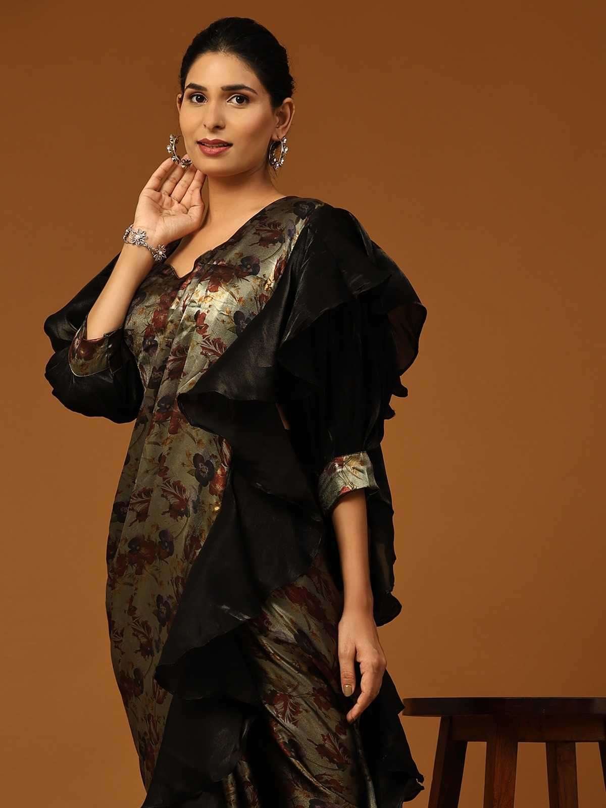 pr 101110 fancy ready to wear floral ruffle border saree with organza printed blouse