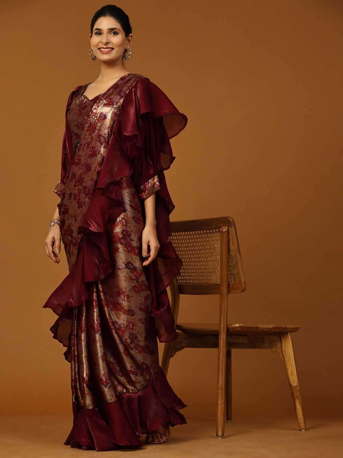 pr 101110 fancy ready to wear floral ruffle border saree with organza printed blouse