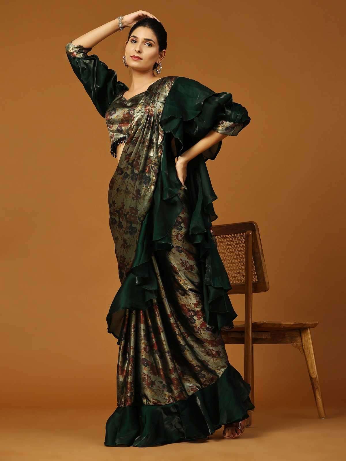 pr 101110 fancy ready to wear floral ruffle border saree with organza printed blouse