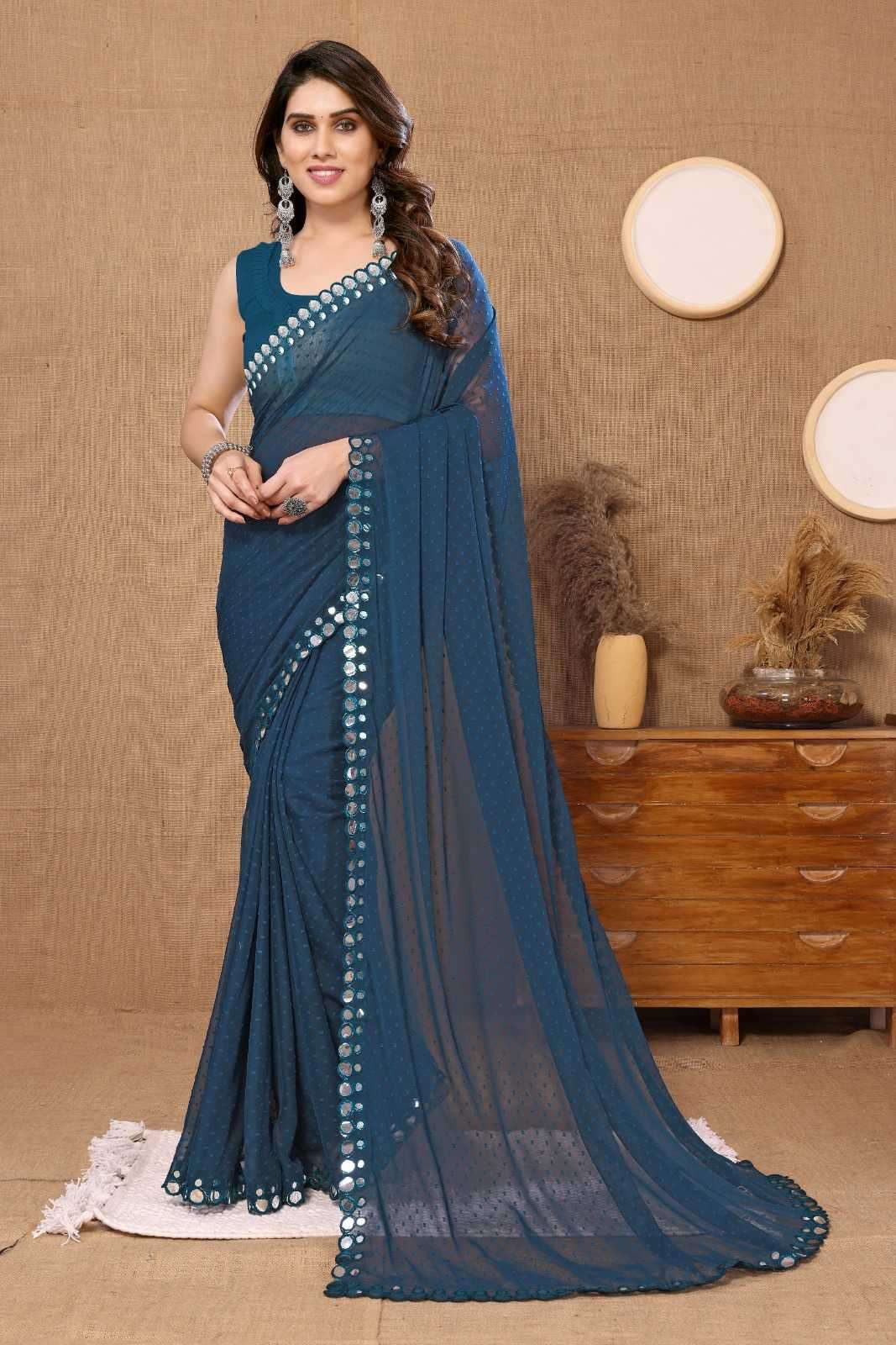 pr butti mirror Georgette sarees fancy catalog 