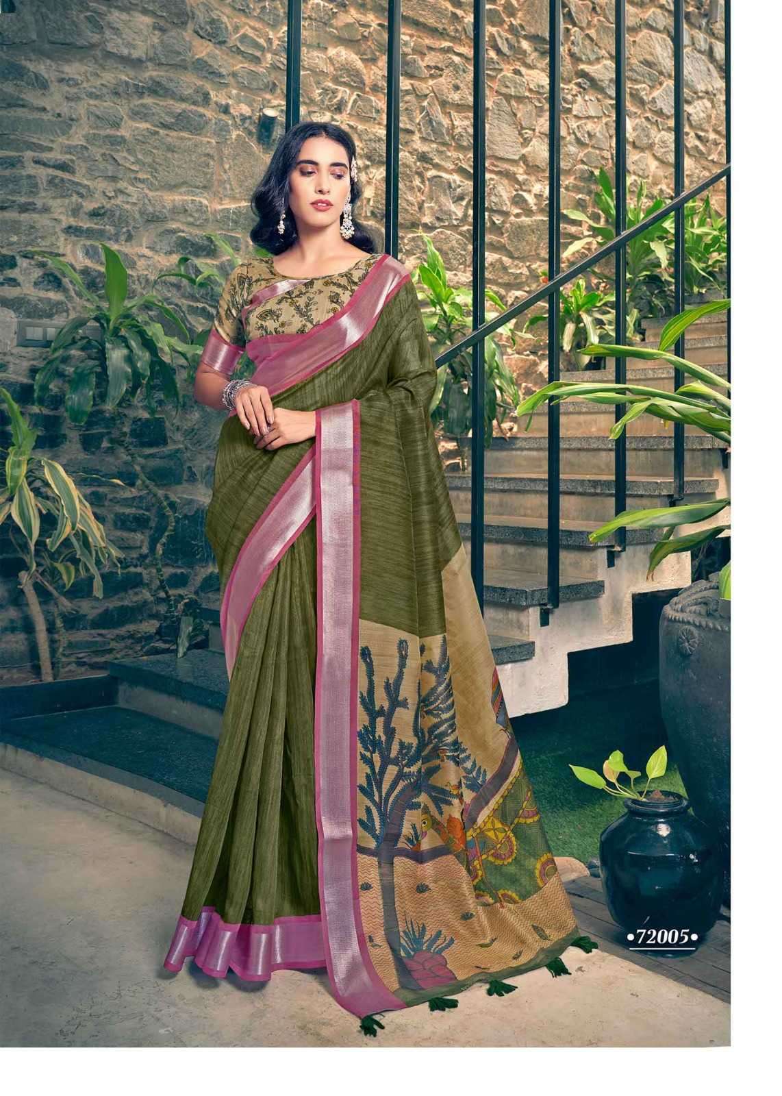 Vishal Prints Khaki Green Art Silk Saree With Embroidery Work And Tass