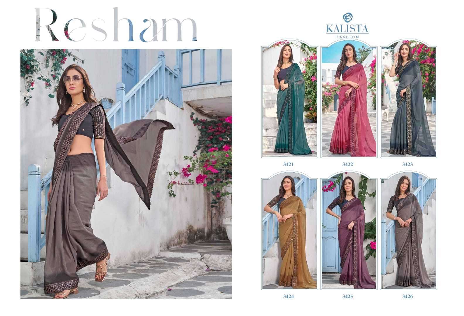kalista fashions resham series 3421-3426 shimmer saree
