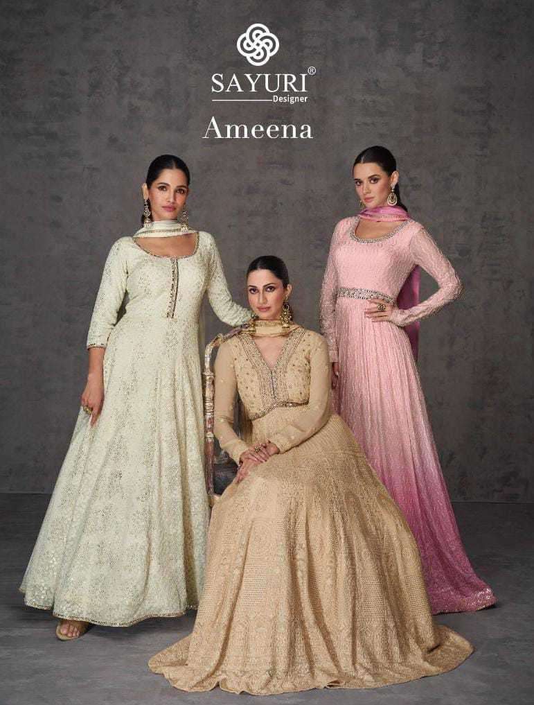 sayuri designer ameena series 5356-5358 real georgette gown with dupatta