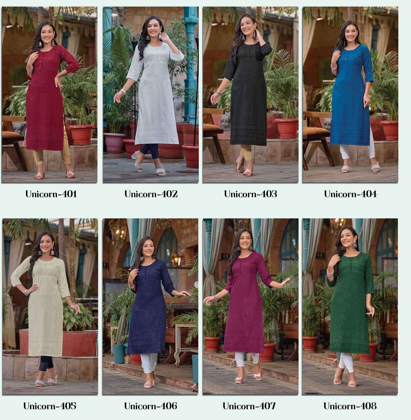rangmaya unicorn vol 4 series 101-108 schiffli chicken kurti 