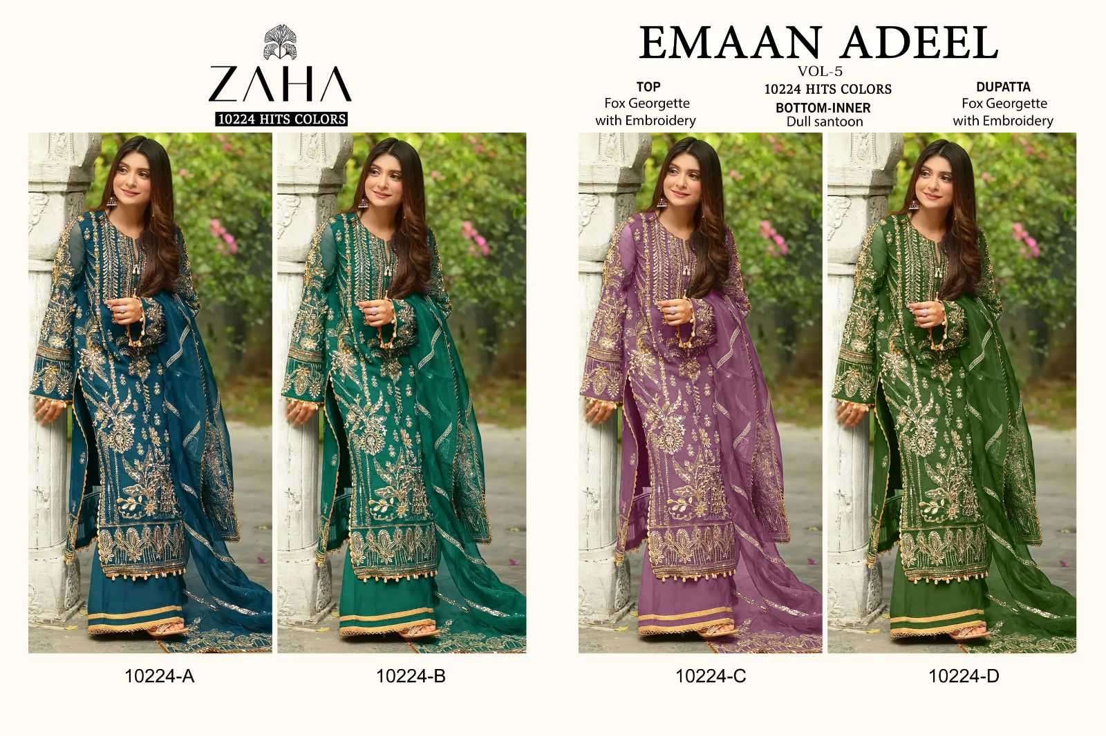 zaha emaan adeel vol 5 10224 abcd hits colors georgette suit 