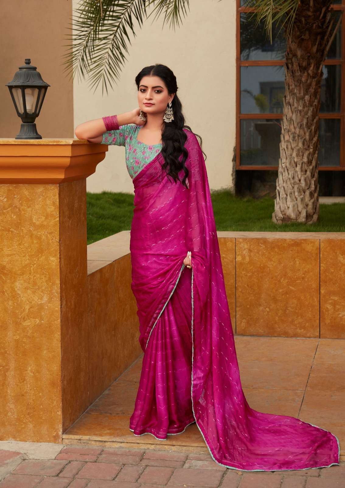 Geroo jaipur Pink-Blue Shaded Mukaish Hand Embroidered Chiffon Saree with  Blouse Alia Bhatt Saree Look - Geroo Jaipur - 4184279