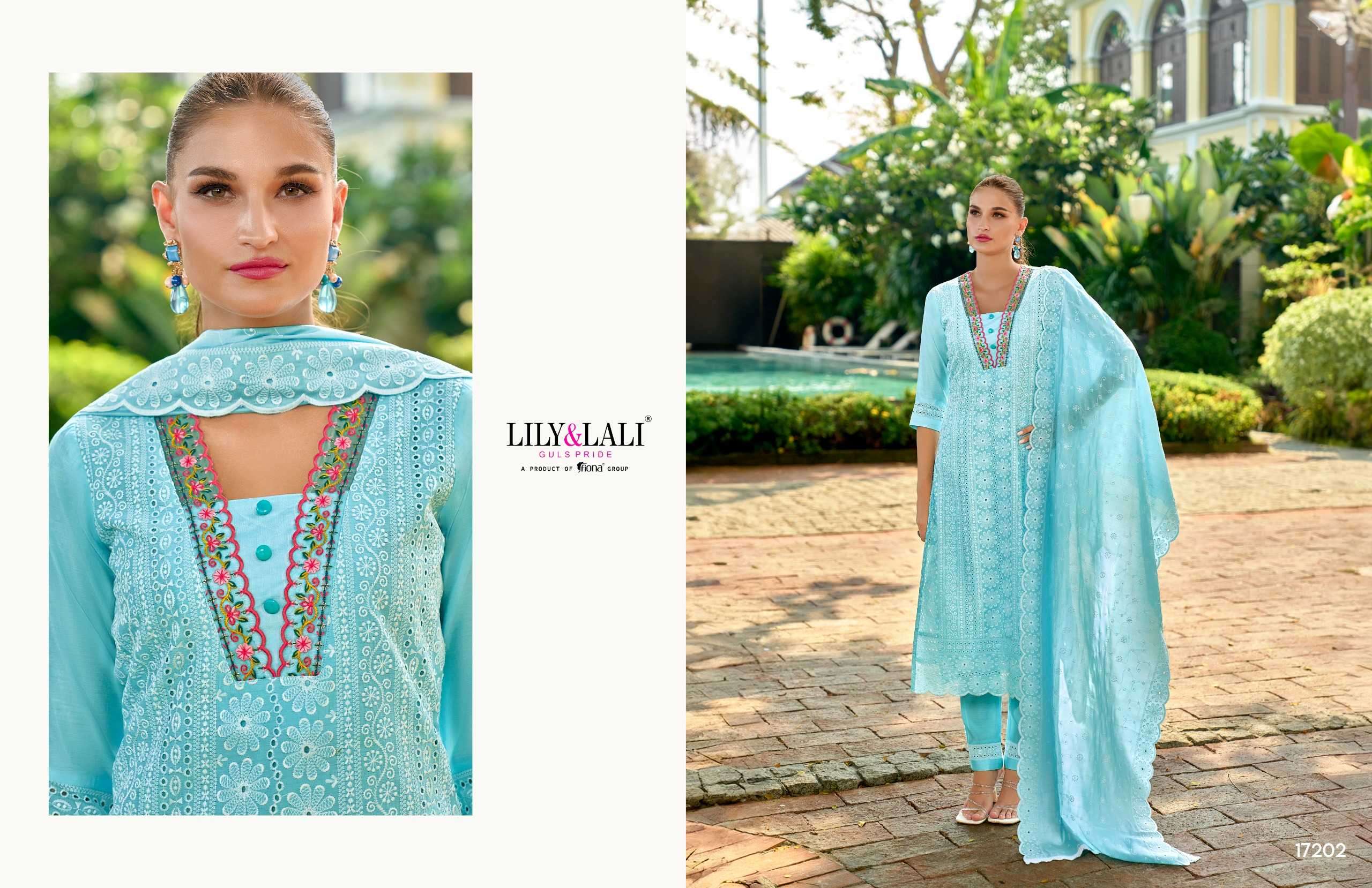 lily and lali flora roman series 17201-17206  Bored Schiffli Work readymade suit 