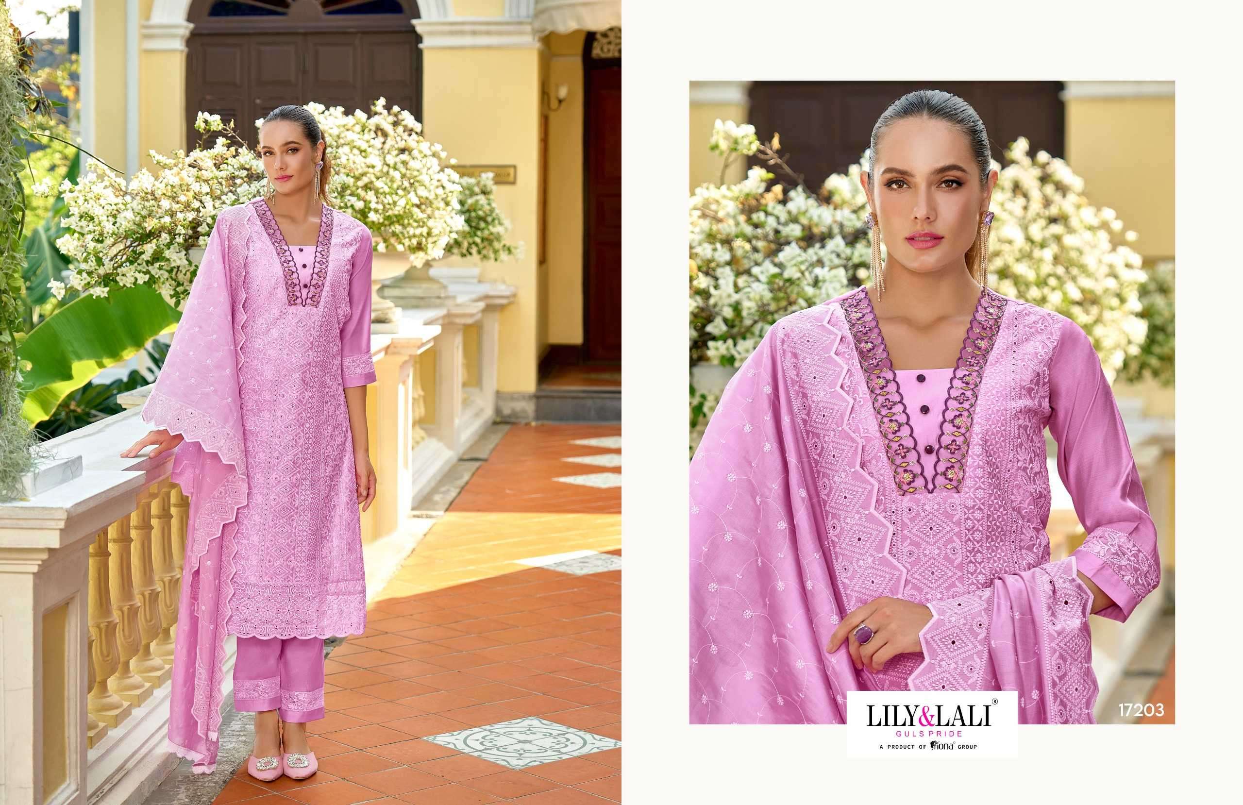 lily and lali flora roman series 17201-17206  Bored Schiffli Work readymade suit 