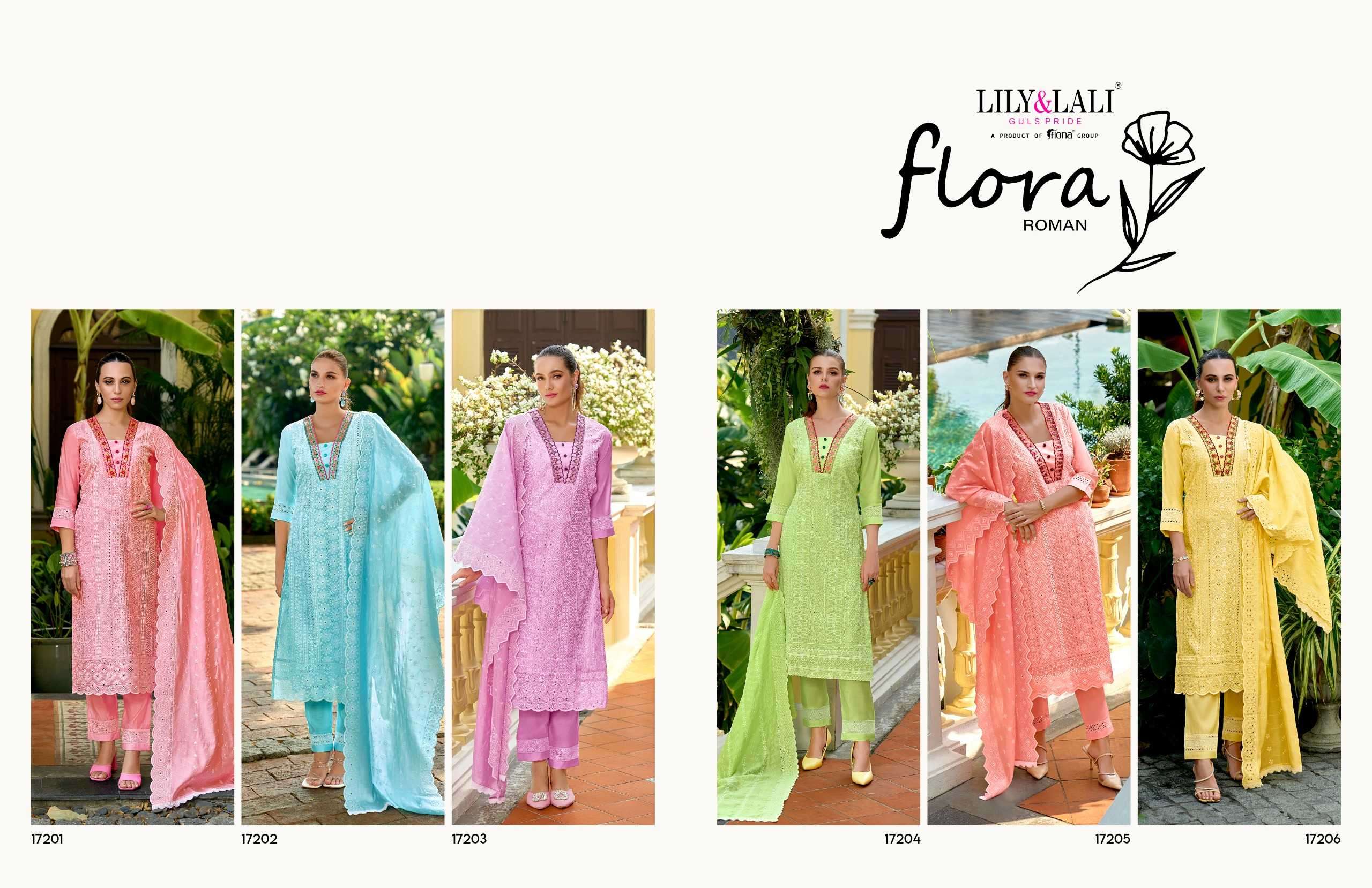 lily and lali flora roman series 17201-17206  Bored Schiffli Work readymade suit 