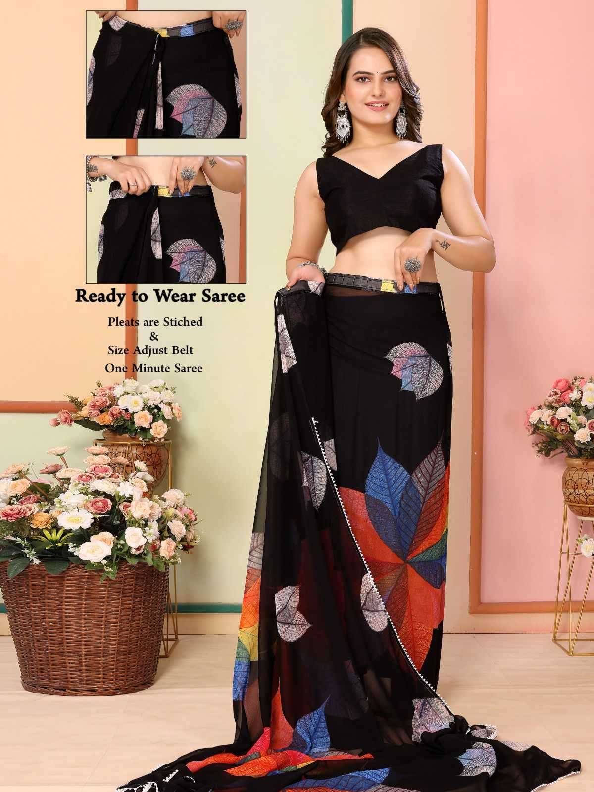 pr rakul vol 3 georgette elegant look stitch pleats size adjust belt one minute saree