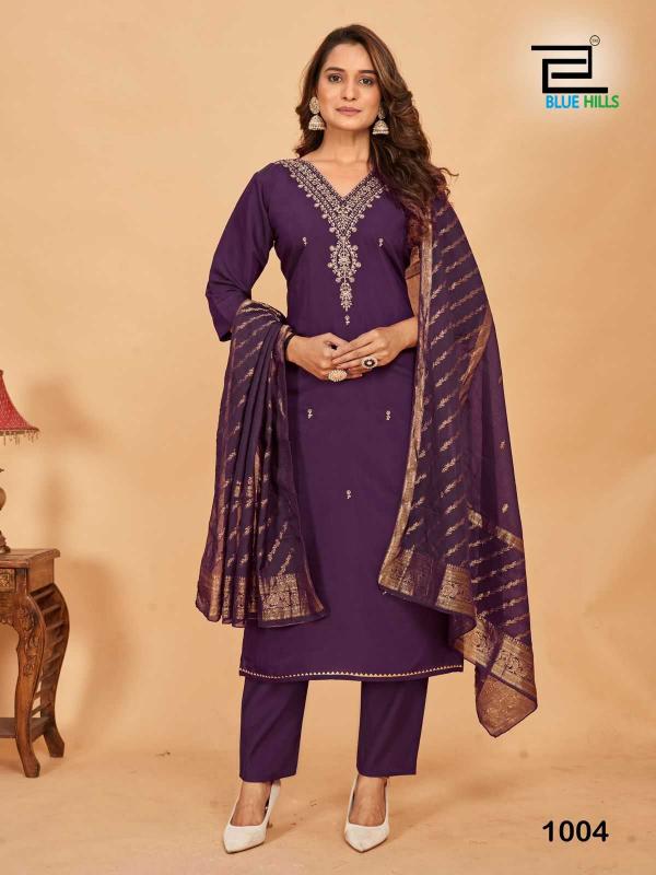 Blue Hills Raashi Series 1001-1004 Roman Silk Readymade Plus Size Ladies Suits for Wholesale 