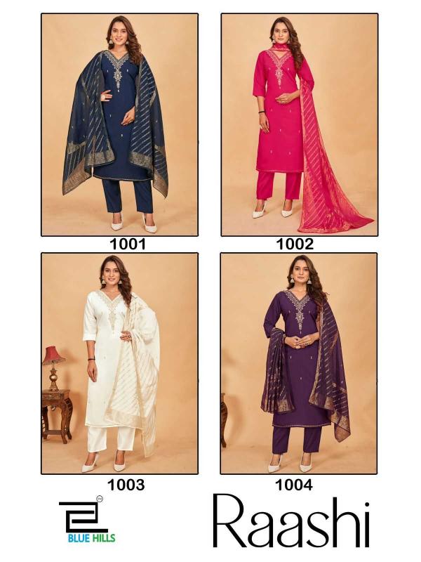 Blue Hills Raashi Series 1001-1004 Roman Silk Readymade Plus Size Ladies Suits for Wholesale 