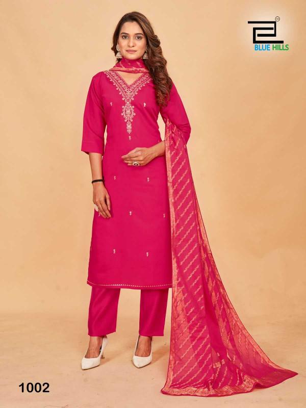 Blue Hills Raashi Series 1001-1004 Roman Silk Readymade Plus Size Ladies Suits for Wholesale 