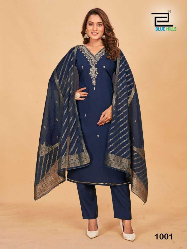 Blue Hills Raashi Series 1001-1004 Roman Silk Readymade Plus Size Ladies Suits for Wholesale 