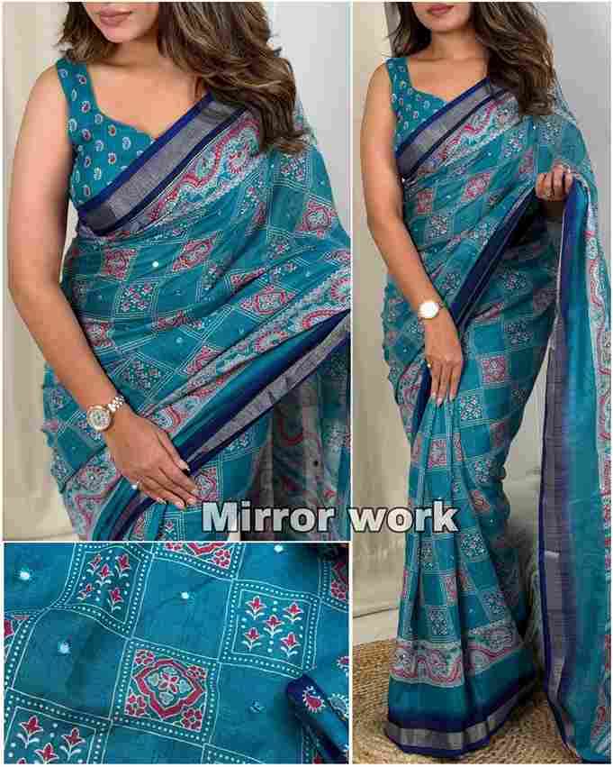 BT-56 Ajrakh Print Full Saree with Zari Weaving Border & Mirror Work Wholesale Saree in Surat