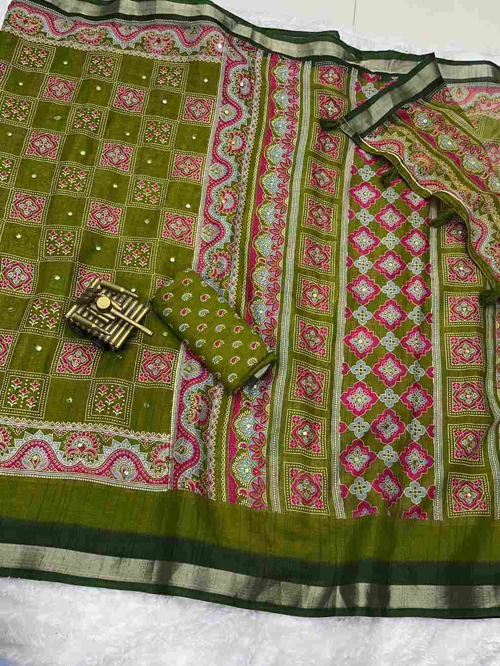 BT-56 Ajrakh Print Full Saree with Zari Weaving Border & Mirror Work Wholesale Saree in Surat
