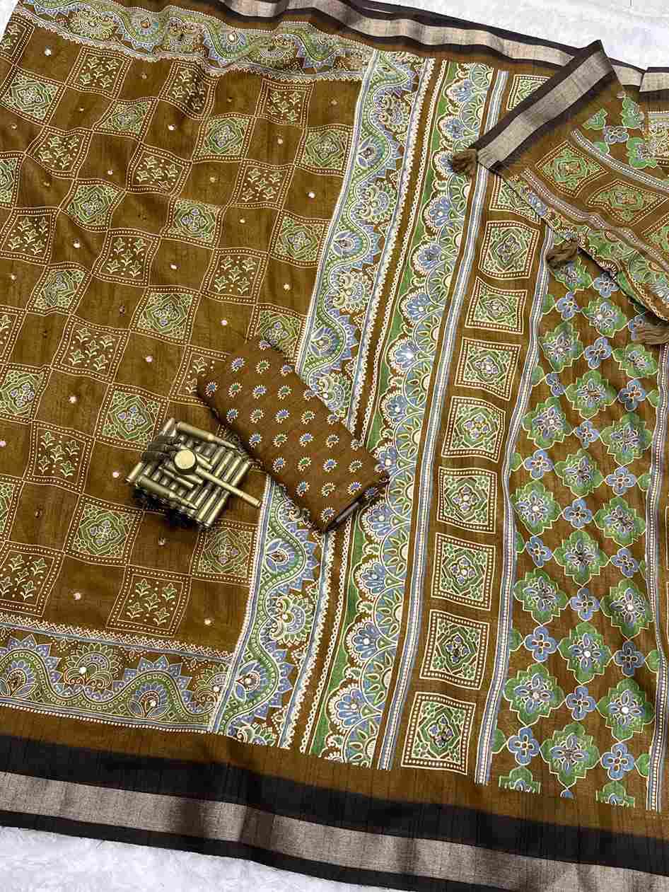 BT-56 Ajrakh Print Full Saree with Zari Weaving Border & Mirror Work Wholesale Saree in Surat