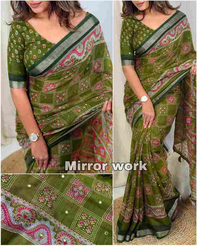 BT-56 Ajrakh Print Full Saree with Zari Weaving Border & Mirror Work Wholesale Saree in Surat