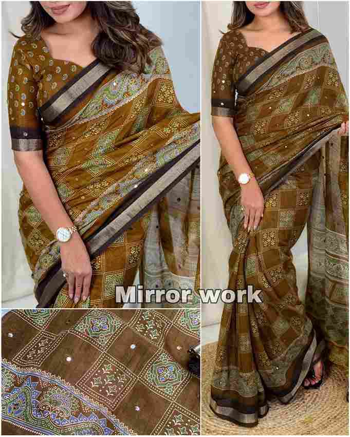 BT-56 Ajrakh Print Full Saree with Zari Weaving Border & Mirror Work Wholesale Saree in Surat