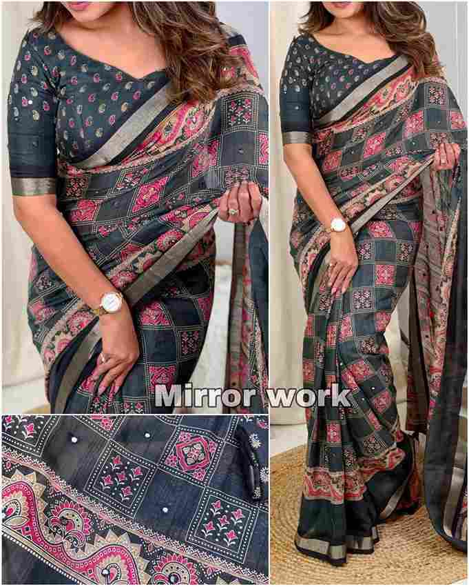 BT-56 Ajrakh Print Full Saree with Zari Weaving Border & Mirror Work Wholesale Saree in Surat