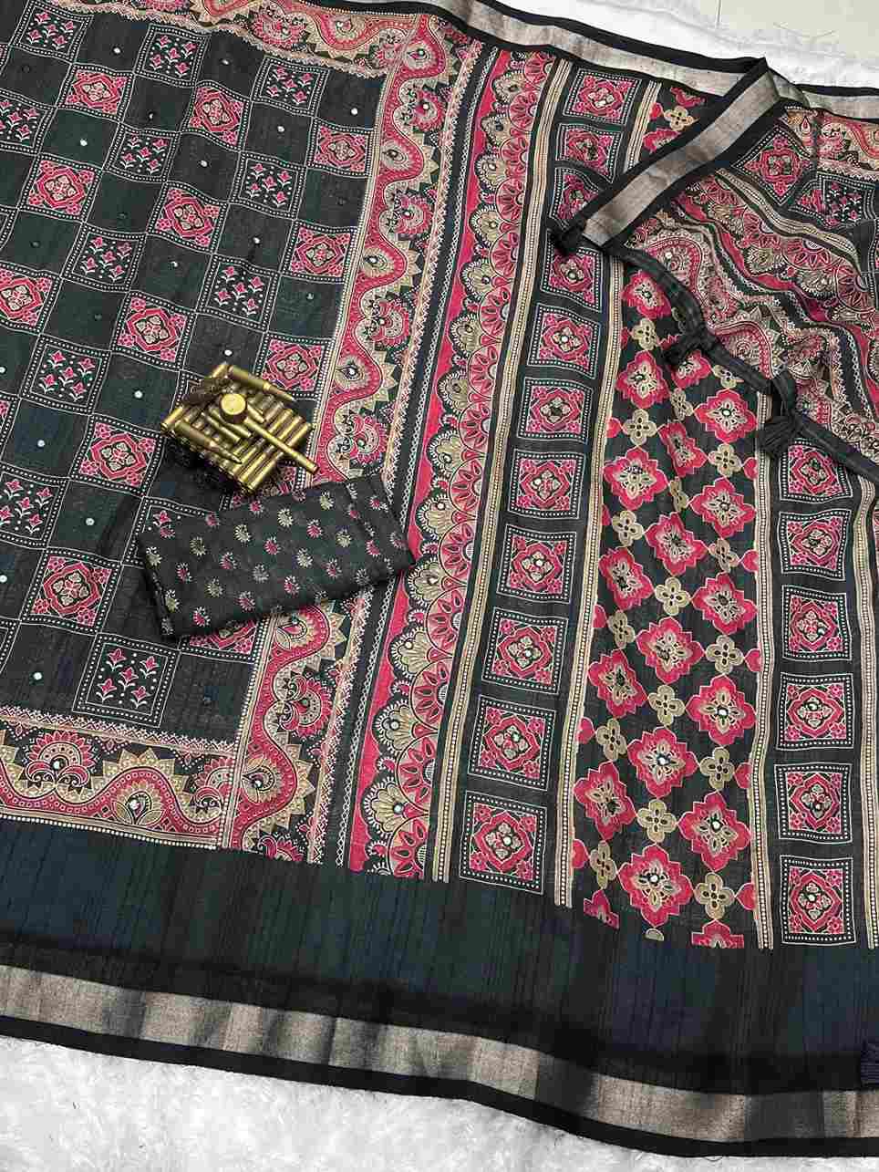 BT-56 Ajrakh Print Full Saree with Zari Weaving Border & Mirror Work Wholesale Saree in Surat