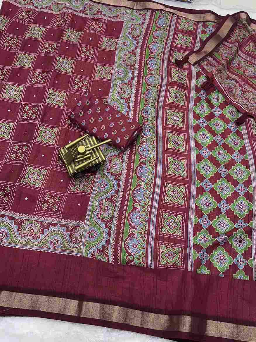 BT-56 Ajrakh Print Full Saree with Zari Weaving Border & Mirror Work Wholesale Saree in Surat