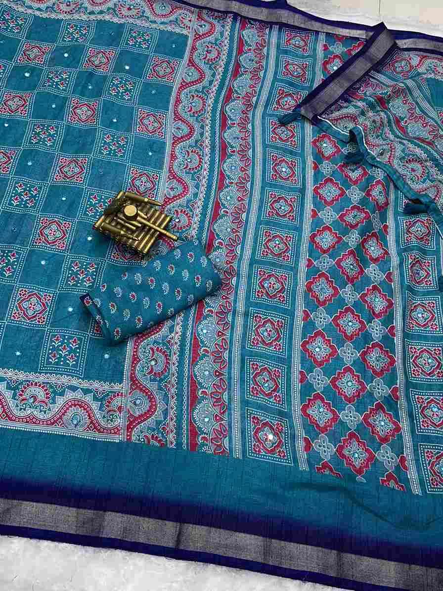 BT-56 Ajrakh Print Full Saree with Zari Weaving Border & Mirror Work Wholesale Saree in Surat