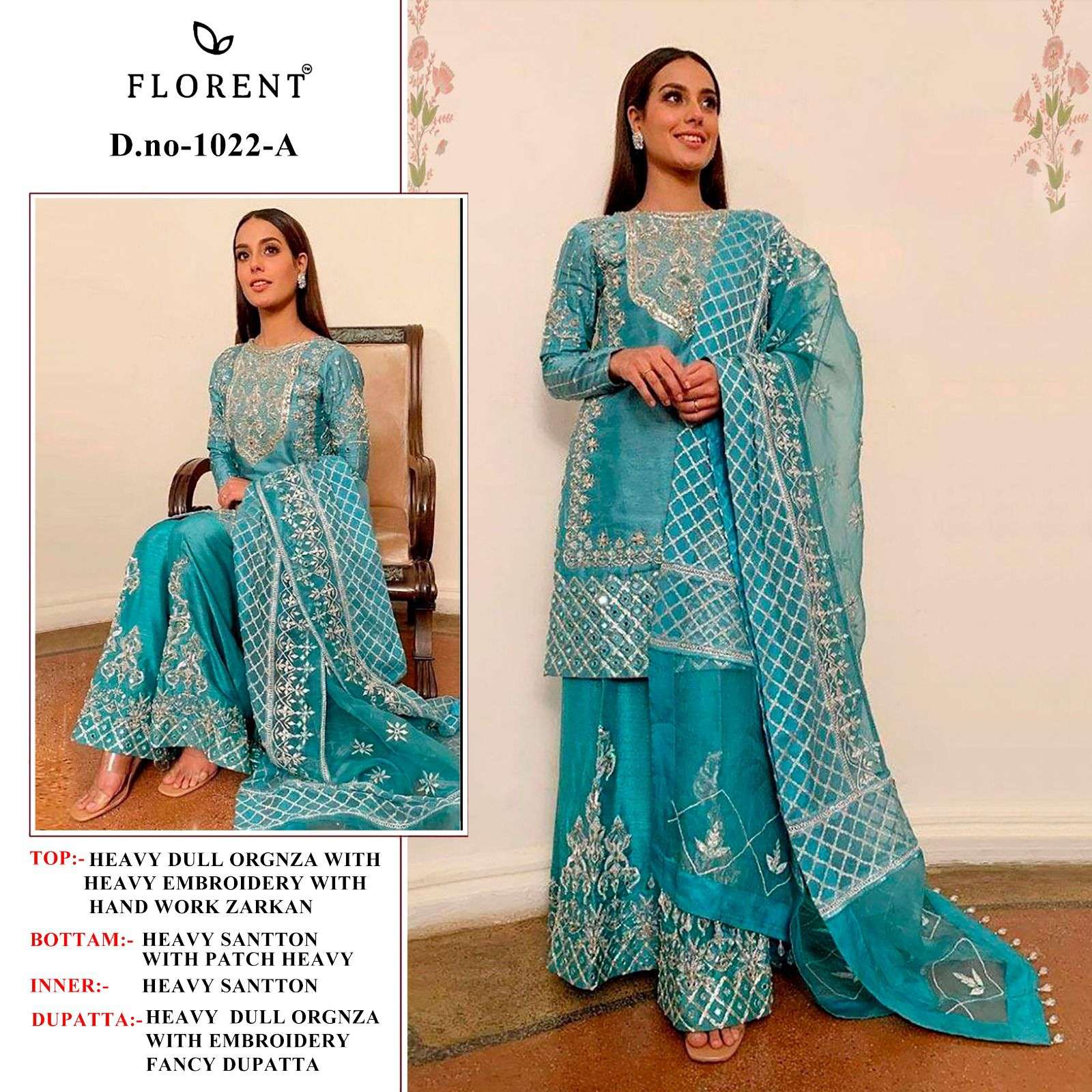 Florent TM 1022(ABC) Heavy Dull Organza with Embroidery Handwork Wholesale Salwar Kameez in Surat