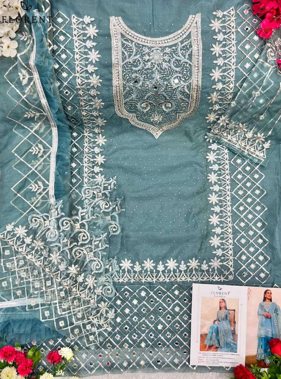 Florent TM 1022(ABC) Heavy Dull Organza with Embroidery Handwork Wholesale Salwar Kameez in Surat