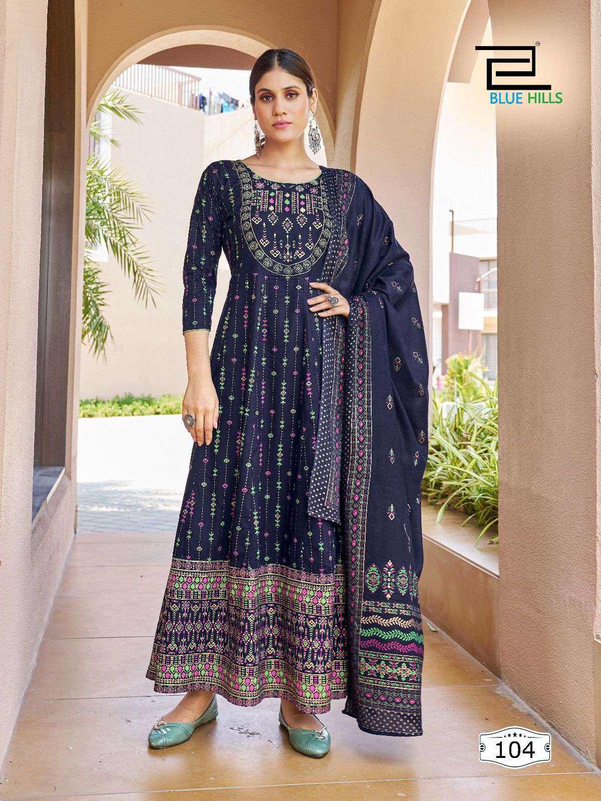 Heavy Rayon Printed Long Gown with Dupatta Multi-Color Combination Wholesale Gown in Surat