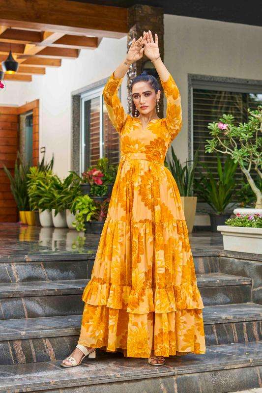 pr lotus flare multilayer georgette readymade shop trendy gown online