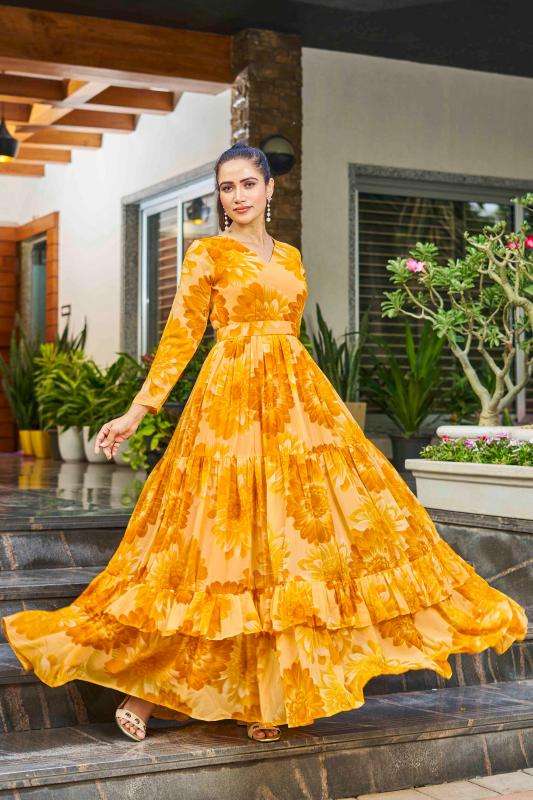 pr lotus flare multilayer georgette readymade shop trendy gown online