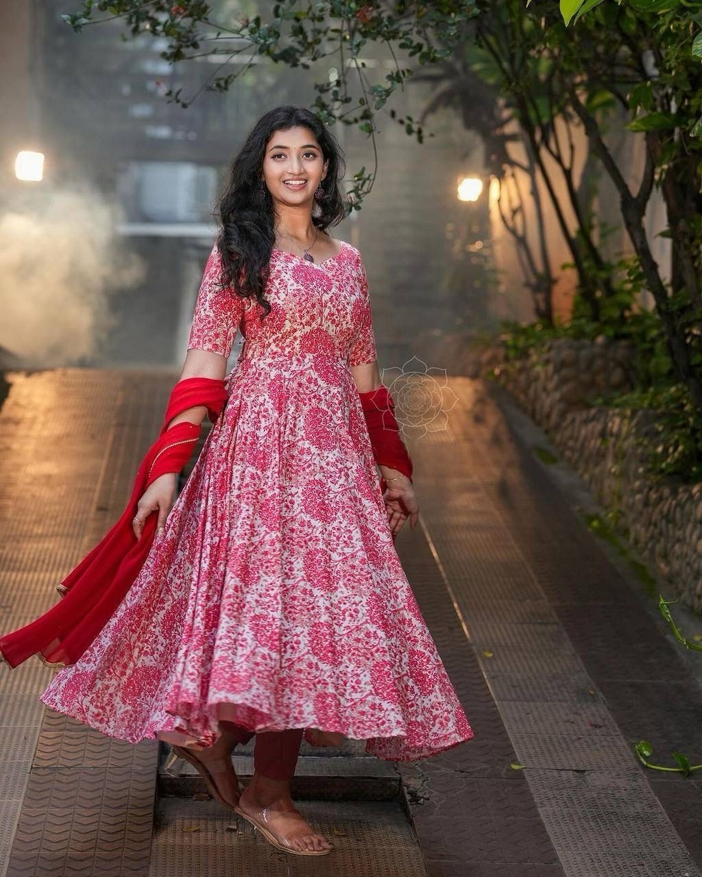 Flower power flower print Grorgett with mirror work dupatta with lace