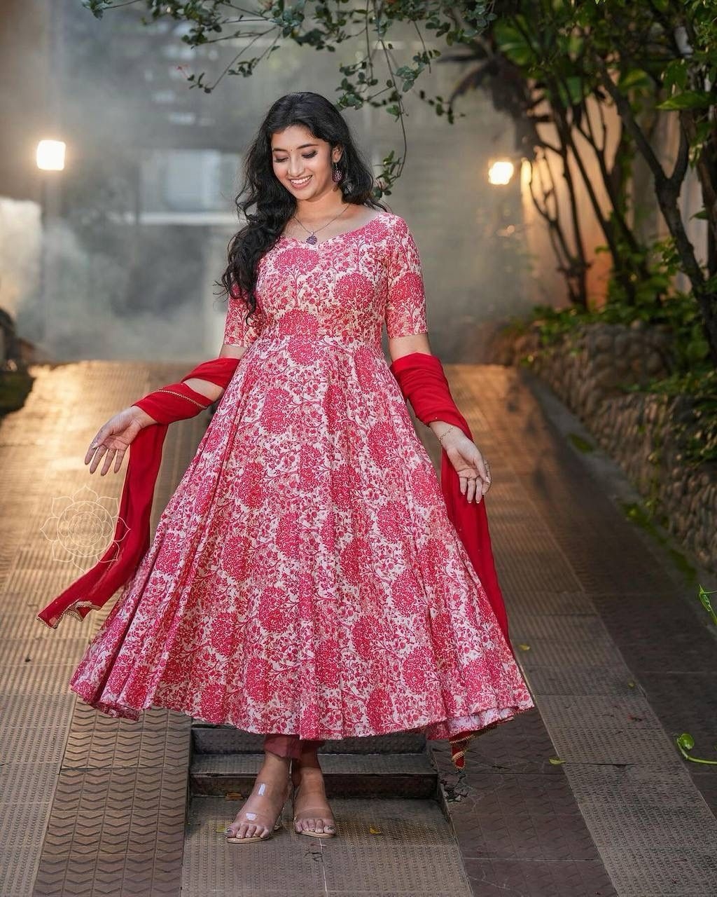 Flower power flower print Grorgett with mirror work dupatta with lace
