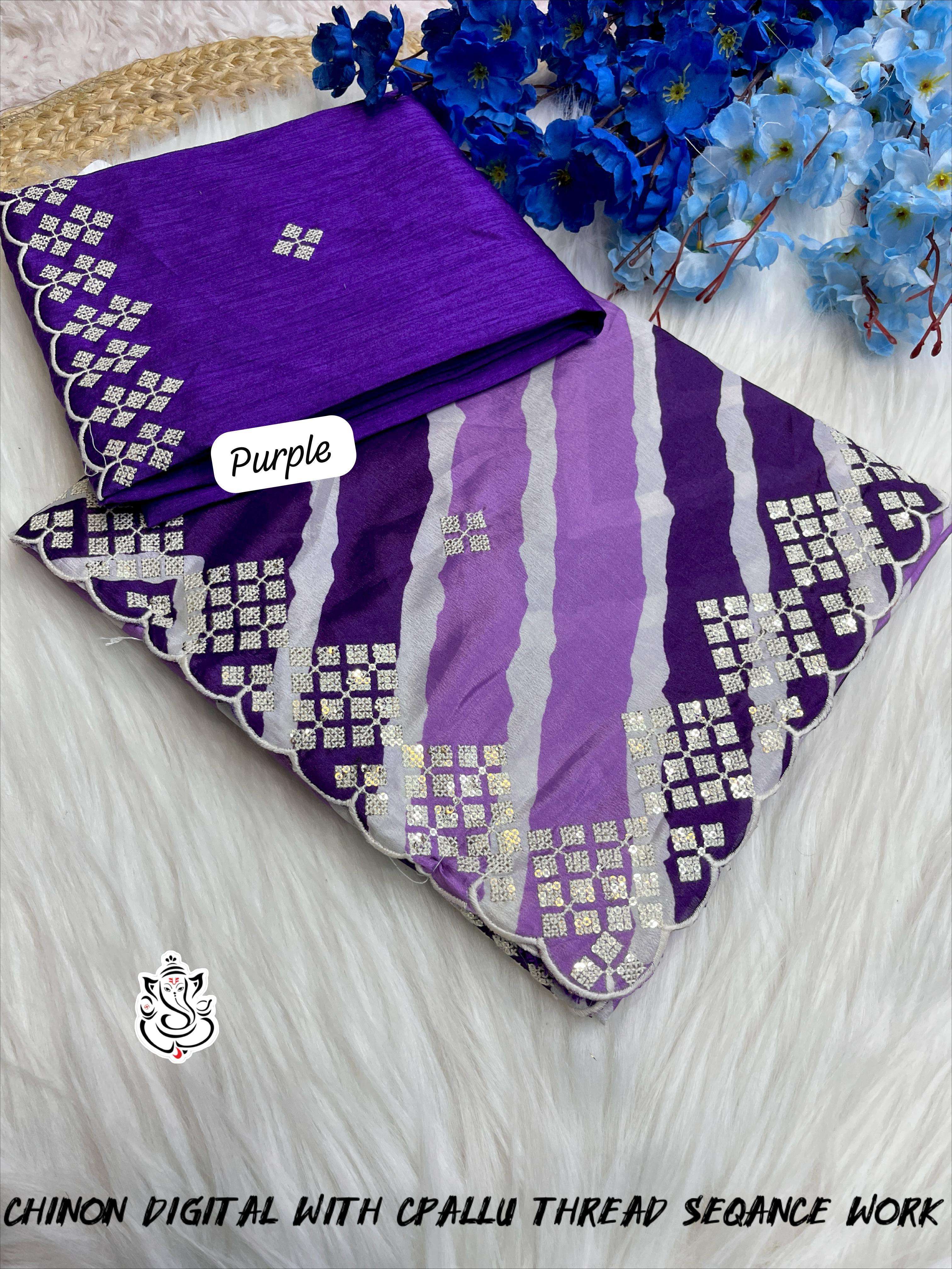 MS BRAND Chinon Silk Digital Sarees with Heavy Mono Work Blouse 