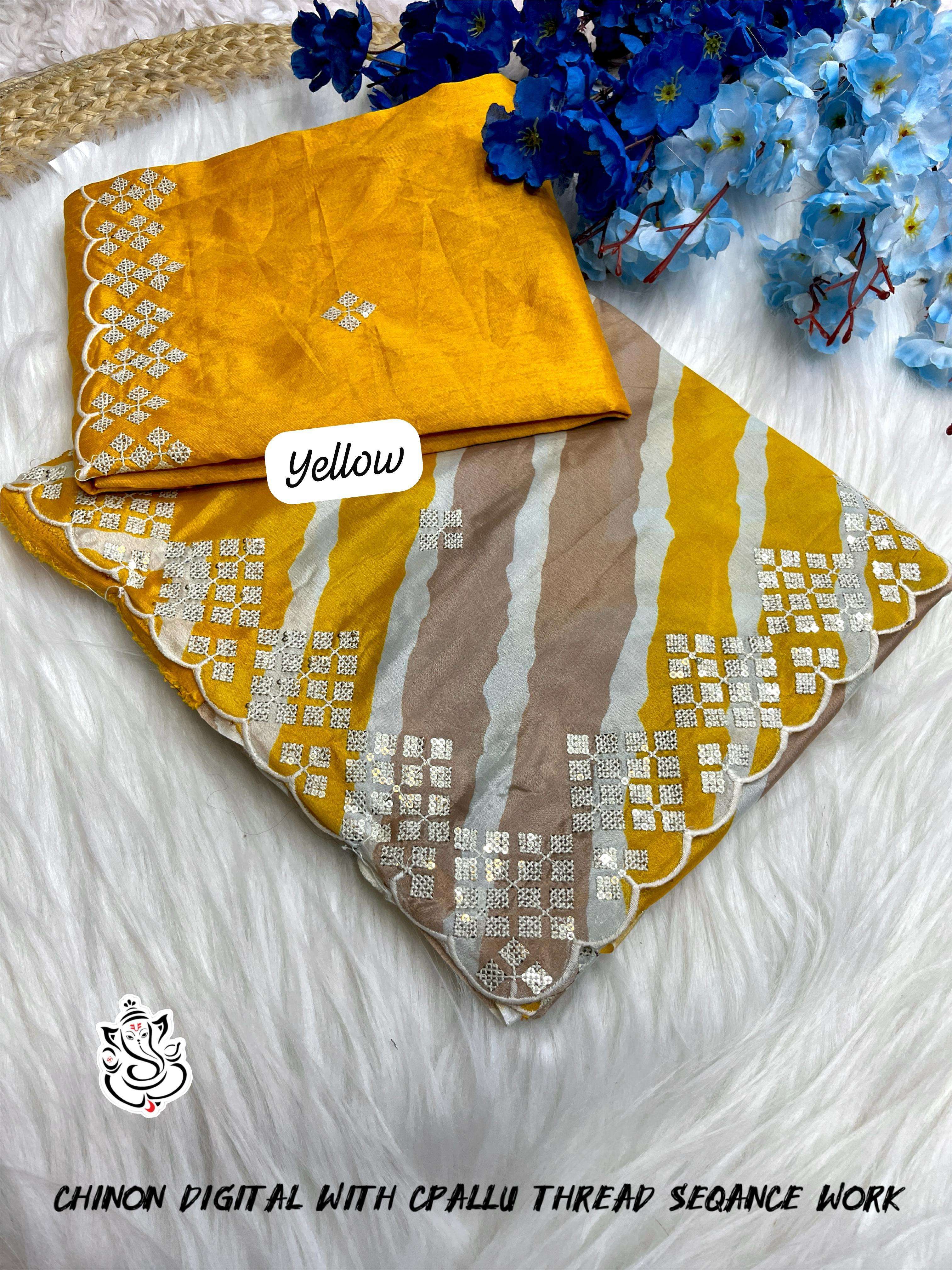 MS BRAND Chinon Silk Digital Sarees with Heavy Mono Work Blouse 