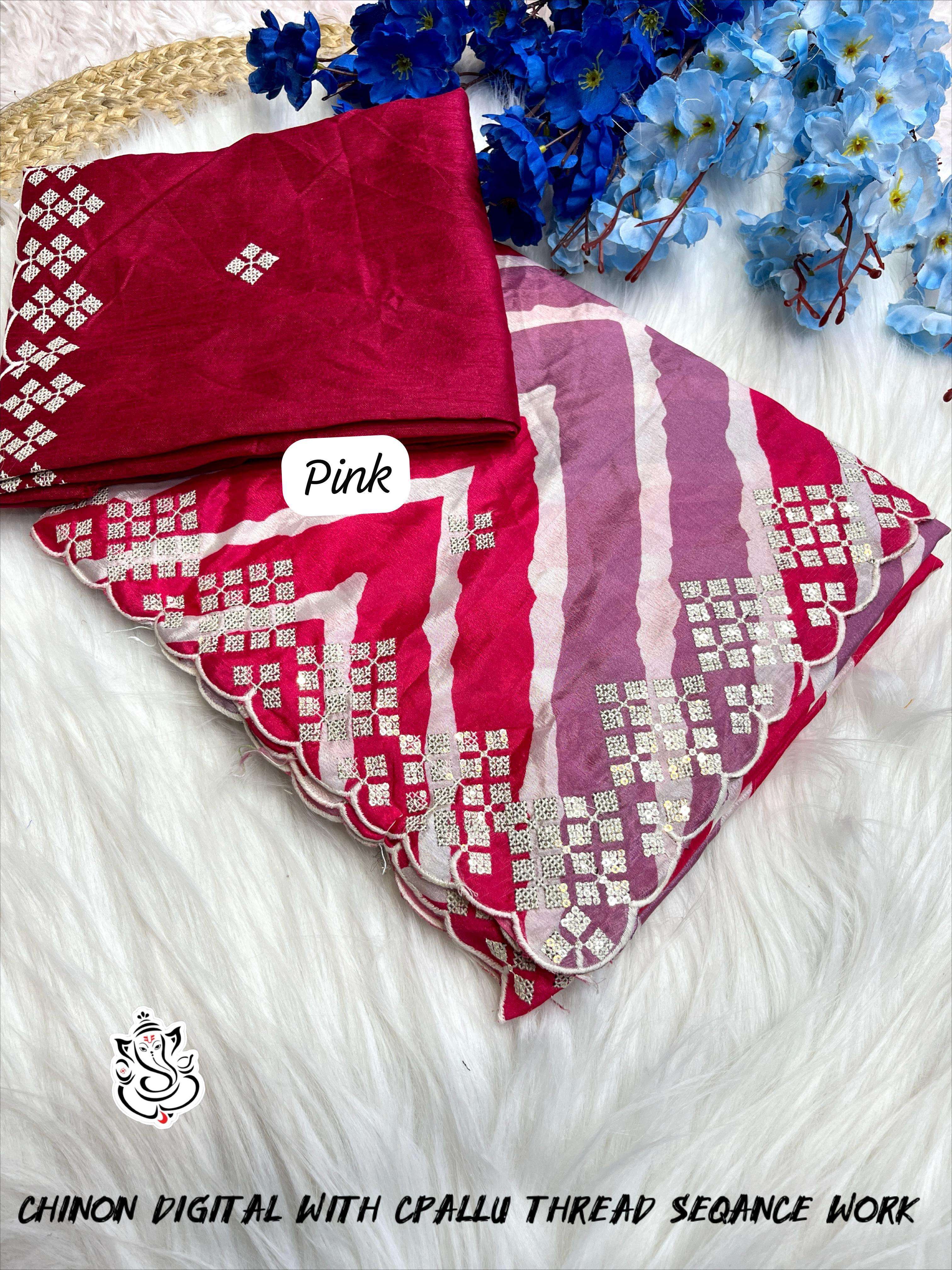MS BRAND Chinon Silk Digital Sarees with Heavy Mono Work Blouse 