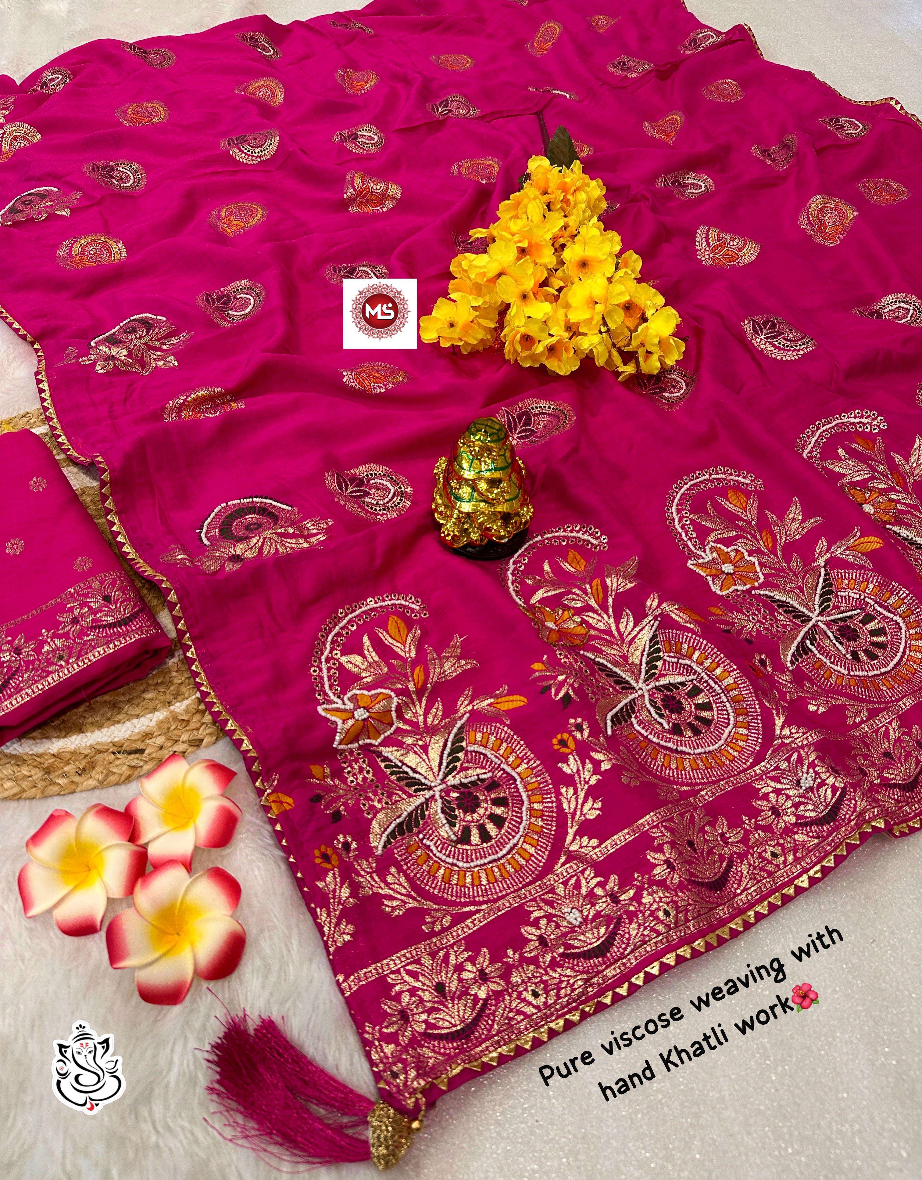 MS BRAND viscose x handwork  dola silk with hand dying wholesale saree