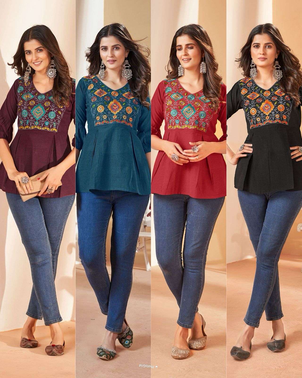 Charmi Cotton Silk Short Tops in Heavy Embroidery Multi Color