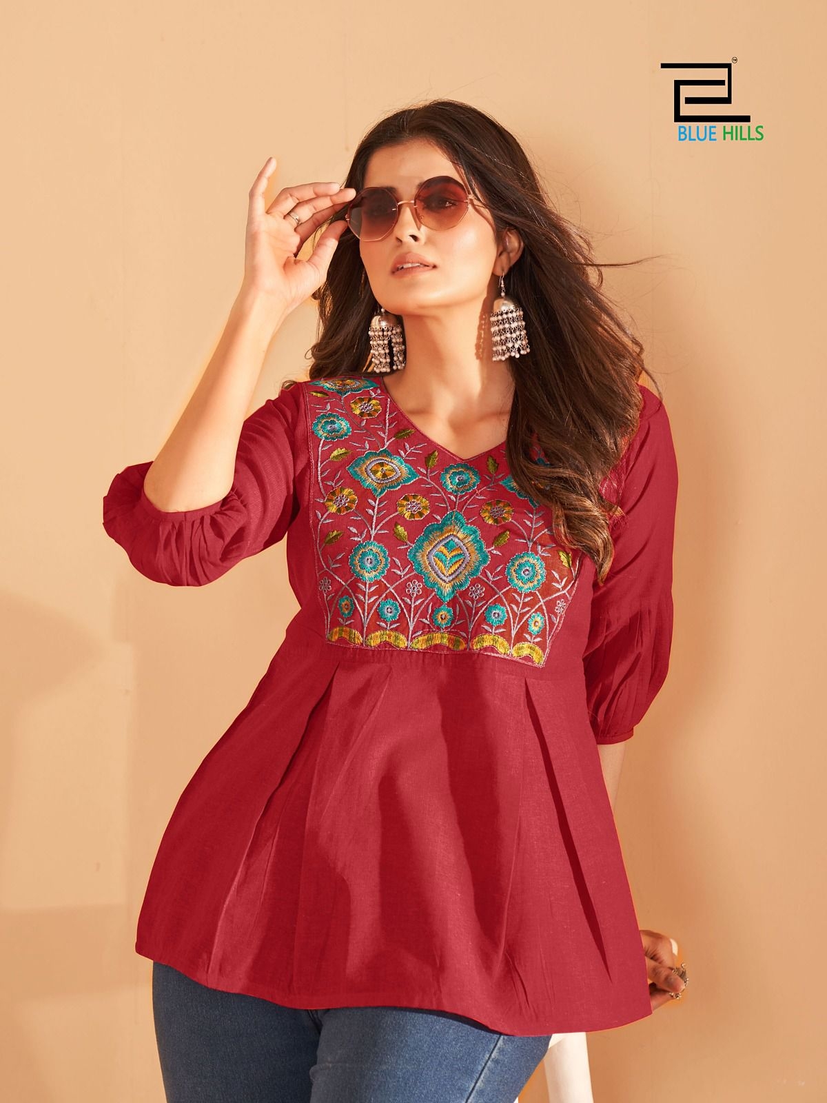Charmi Cotton Silk Short Tops in Heavy Embroidery Multi Color