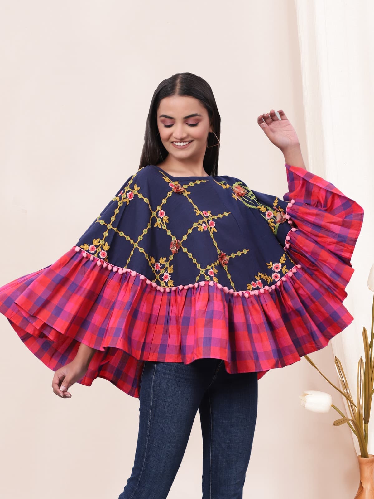 CIRCULAR PONCHO Minute woollen and jute embroidery decorated by Dazzling laces