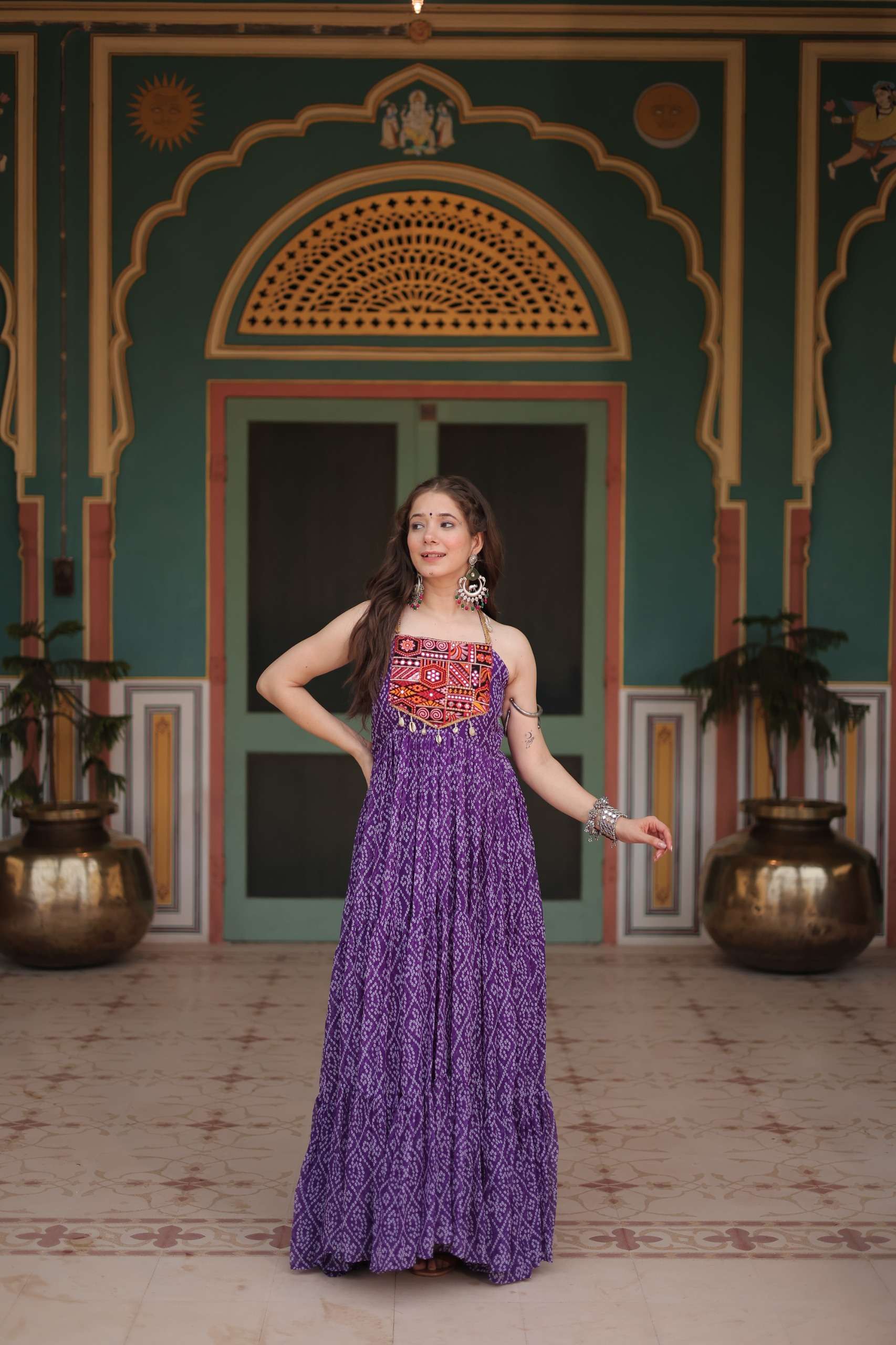 KHUSHI-1119 Bandhani Print work with kutchi patchework in Faux Georgette gown