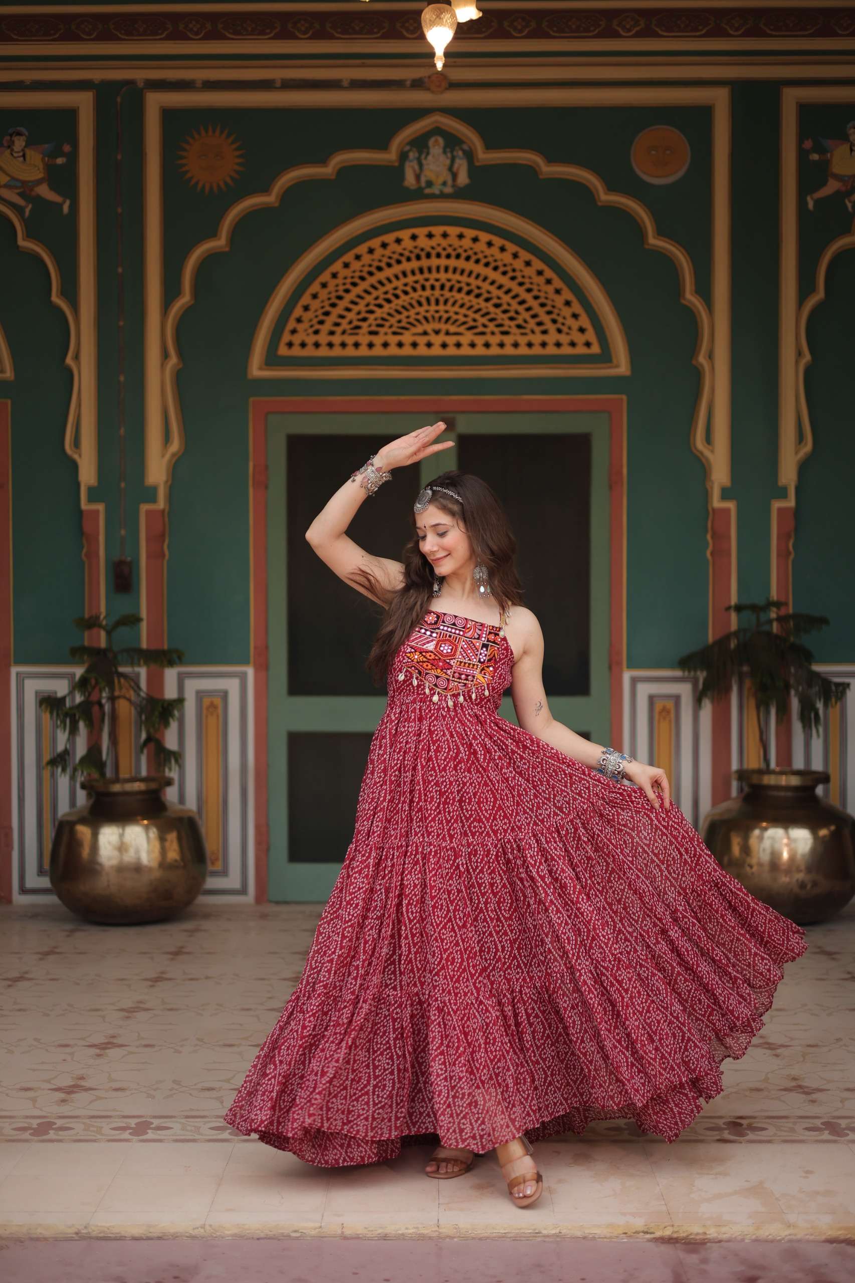 KHUSHI-1119 Bandhani Print work with kutchi patchework in Faux Georgette gown