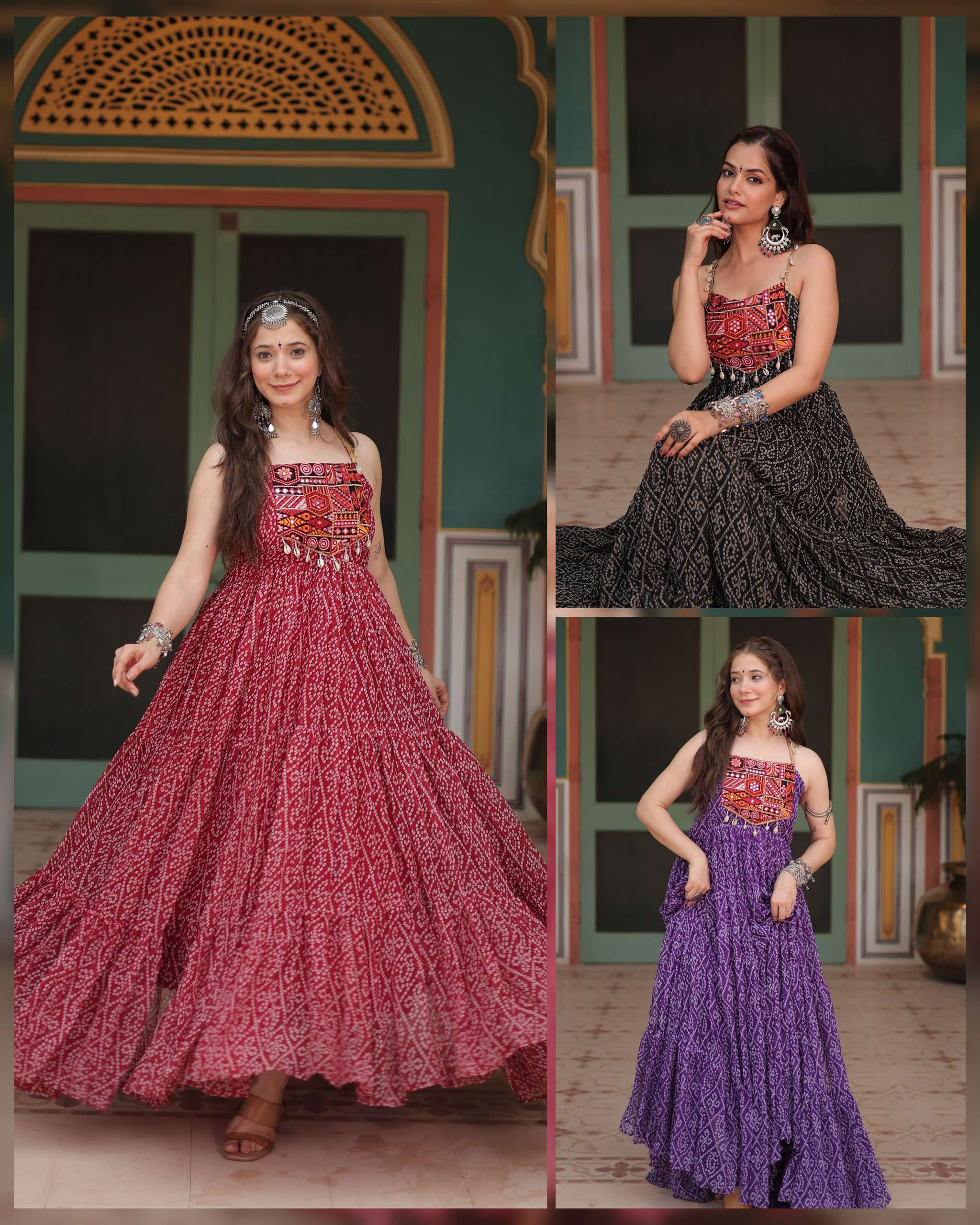 KHUSHI-1119 Bandhani Print work with kutchi patchework in Faux Georgette gown