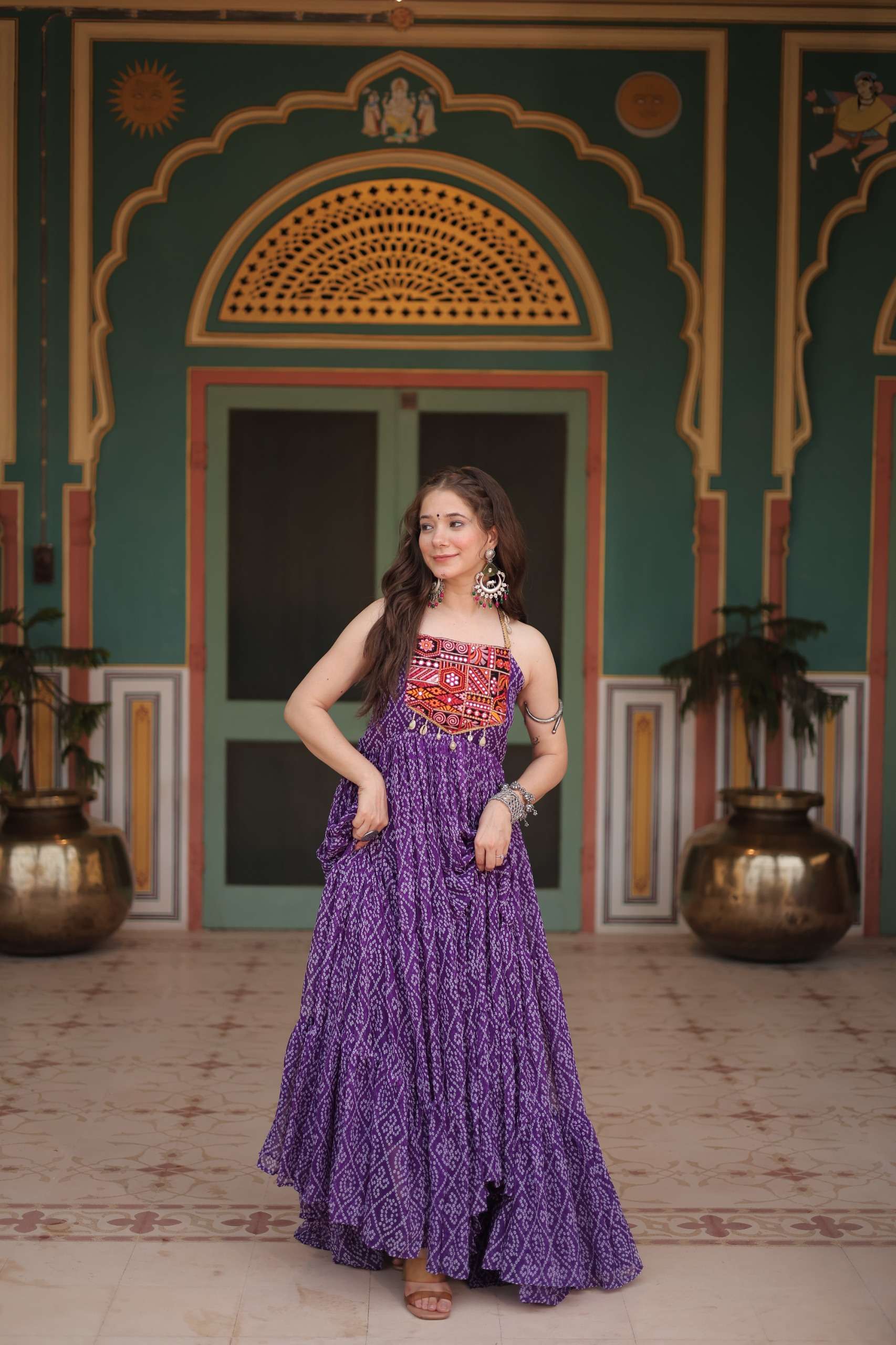 KHUSHI-1119 Bandhani Print work with kutchi patchework in Faux Georgette gown