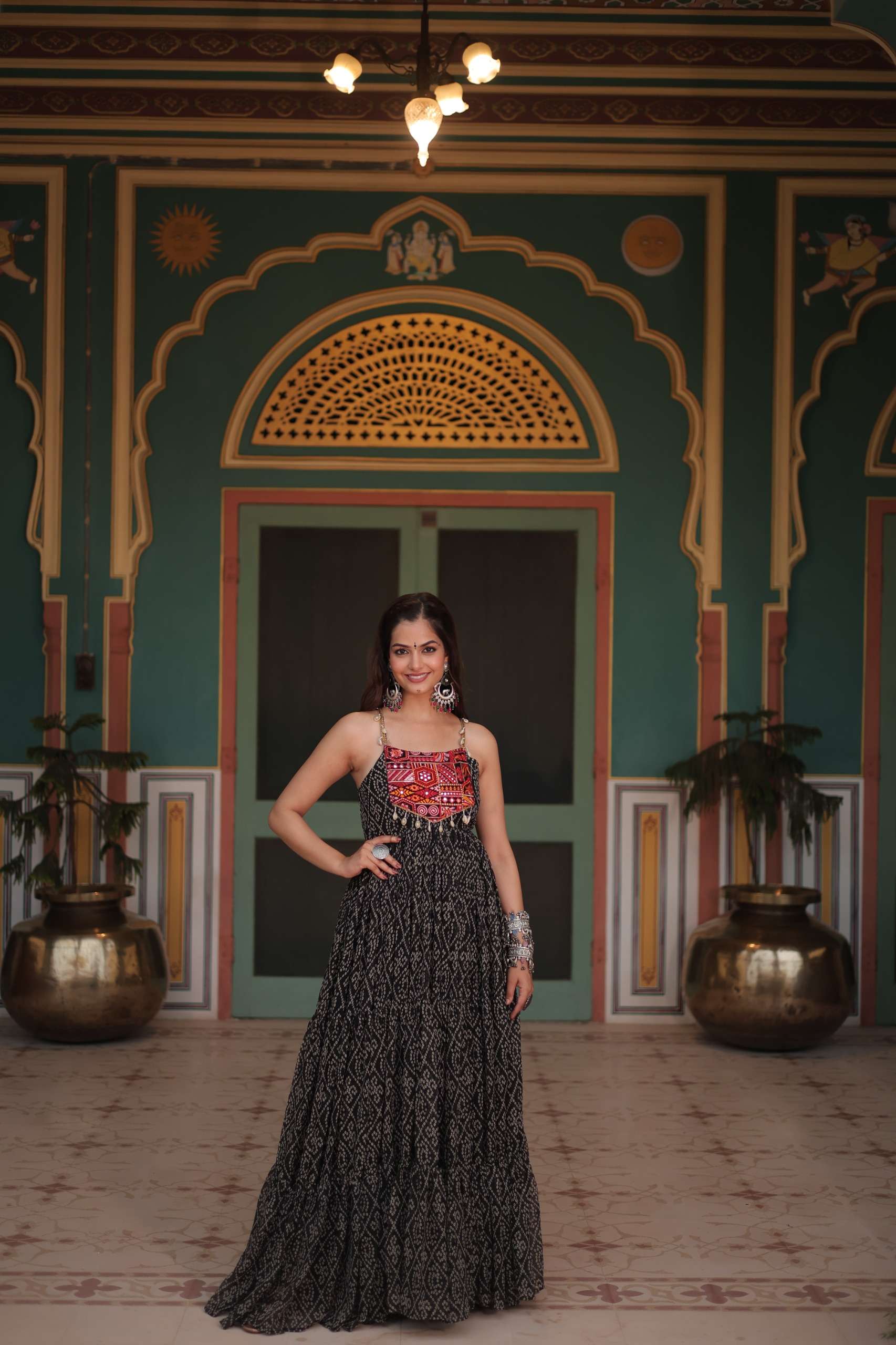 KHUSHI-1119 Bandhani Print work with kutchi patchework in Faux Georgette gown
